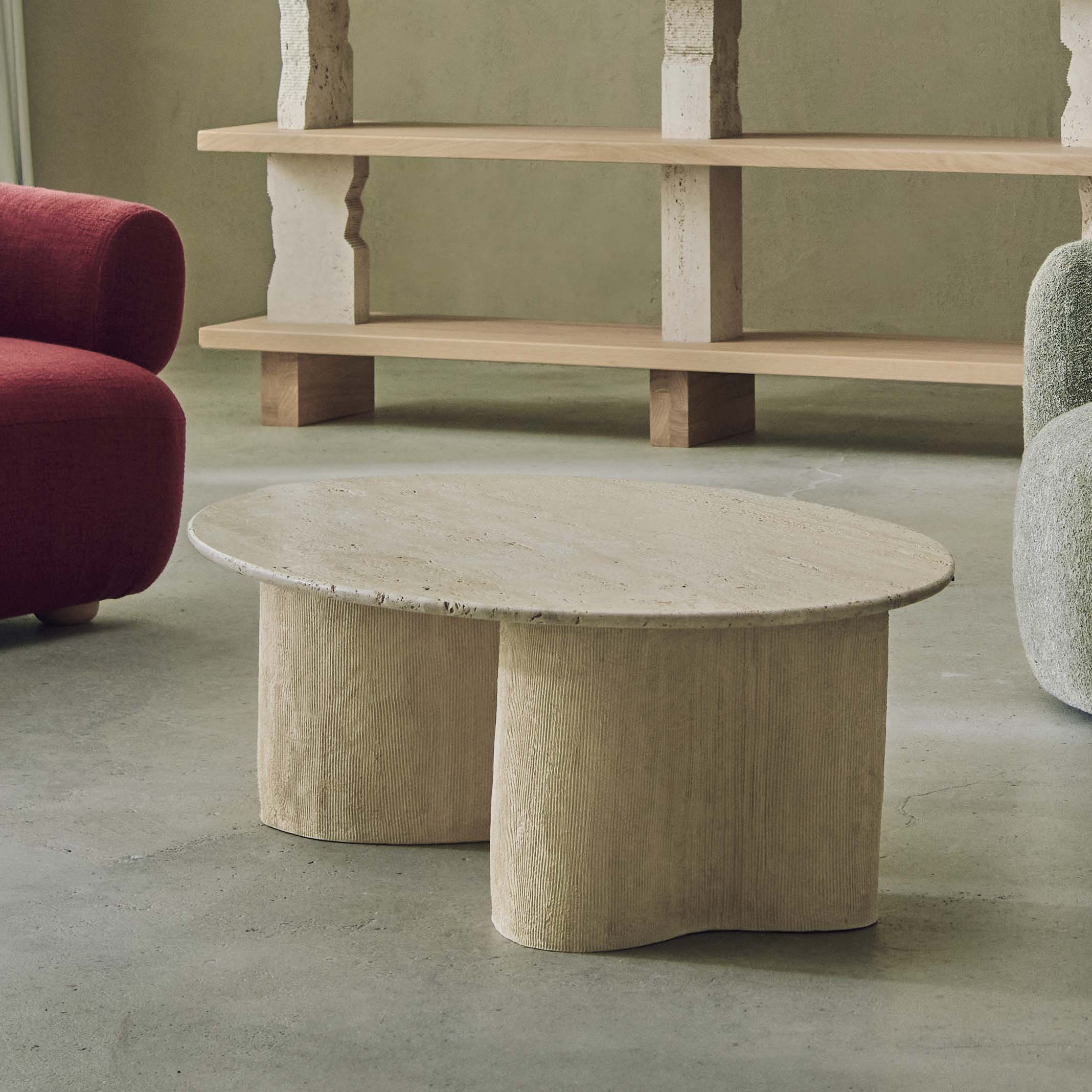 Table Roc Ovale - Travertin Crème - Céramique blanche – Image 3